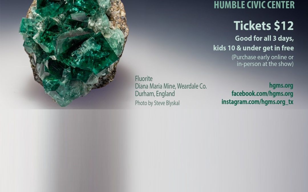 Poster advertising Houston Gem & Mineral Society's gem, mineral, jewelry & fossil show (Nov 13–15, 2026) with a green emerald crystal on the left.