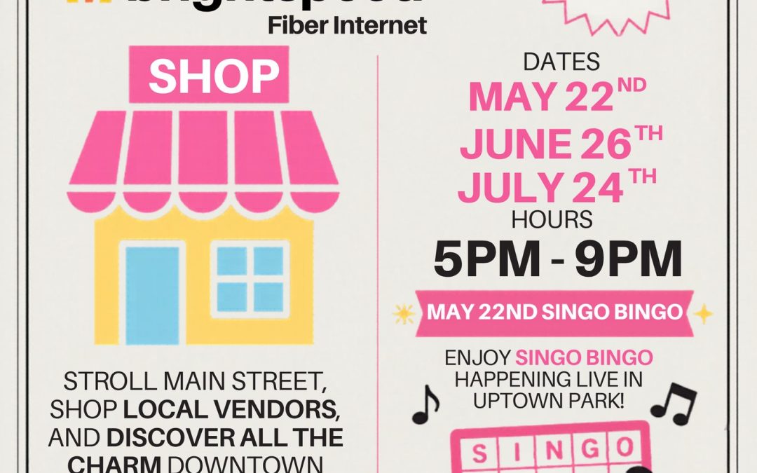 Poster advertising a local event in Humble, TX with Brightspeed Fiber Internet, dates May 22, June 26, July 24, 5–9 PM, free entry, shop local vendors, and bingo activities
