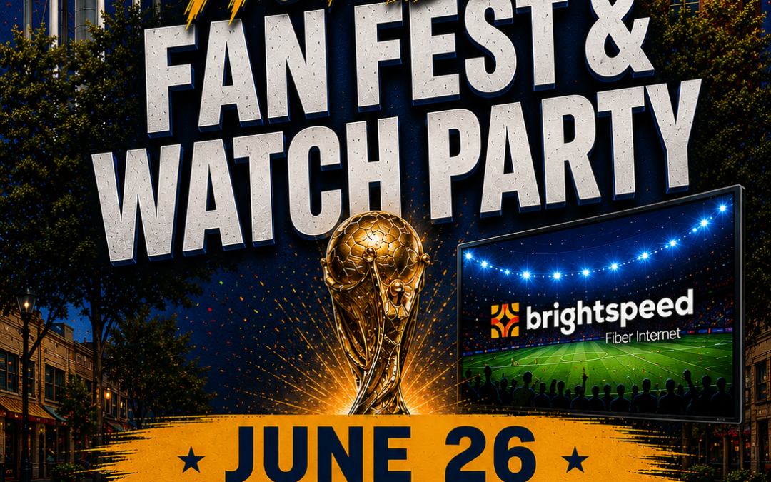Poster for Humble Fan Fest & Watch Party on June 26, 5–10 PM on Main Street, Humble, TX with flags, trophy, and Brightspeed screen event details.