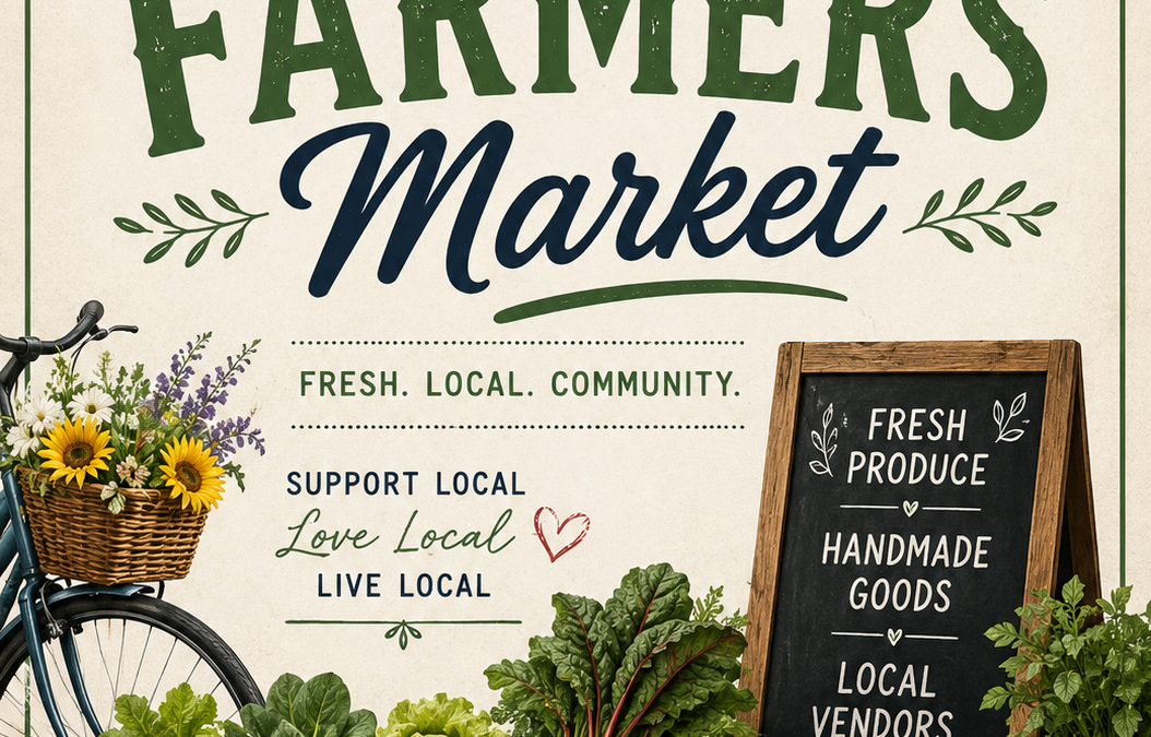 Promotional poster for Humble Main Street Farmers Market with fresh produce, bicycle basket, and a chalkboard sign.