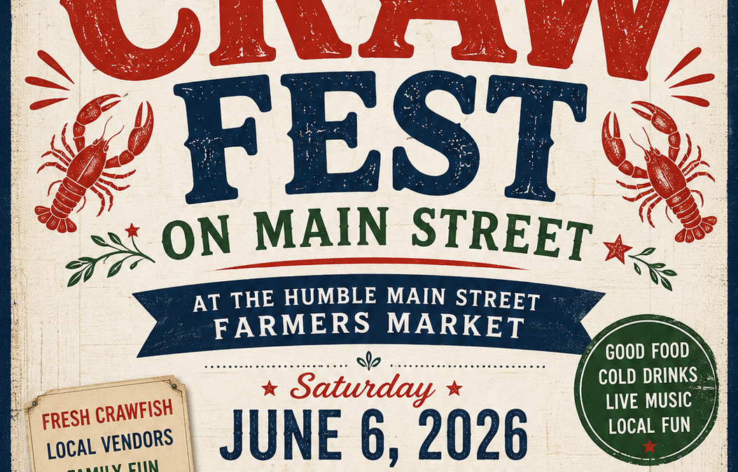 Festival poster for Humble Main Street Craw Fest on June 6, 2026, featuring large red 'CRAW' and blue 'FEST' text, crawfish illustrations, and a tray of crawfish with corn in the foreground.