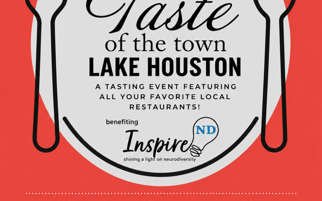 Poster for 'Taste of the Town Lake Houston' event with a plate, fork, and spoon illustration; promotes a local tasting fundraiser.