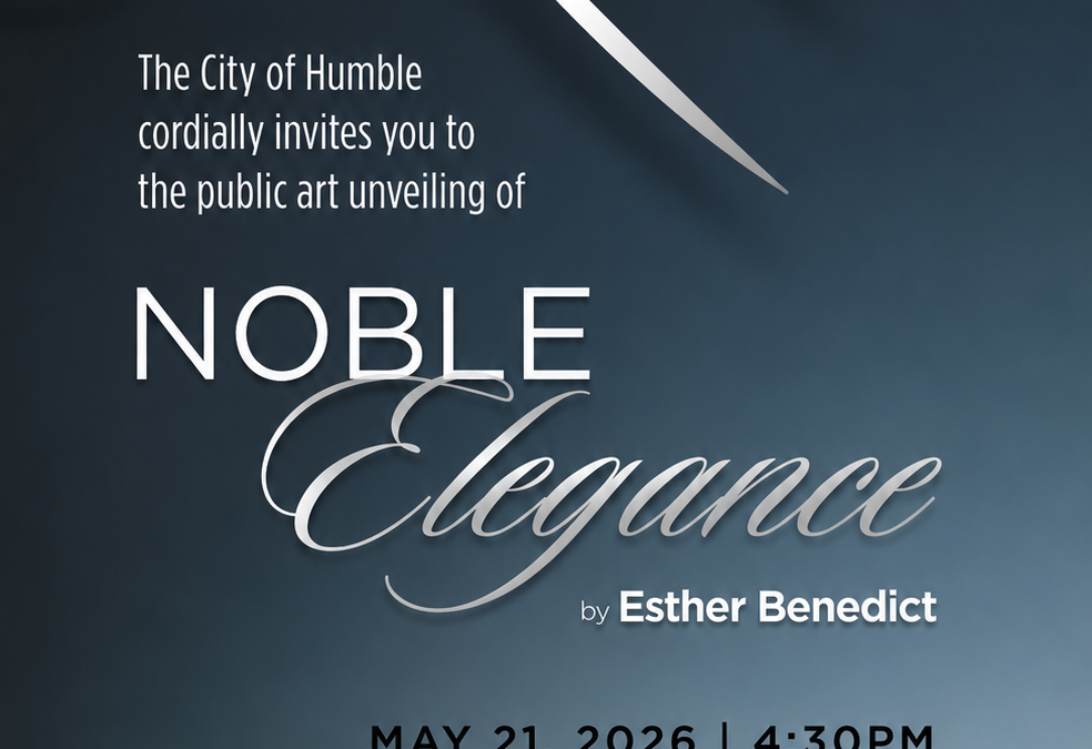 Event invitation poster for 'Noble Elegance' by Esther Benedict with date May 21, 2026, 4:30 PM, at 611 Higgins Street, Humble, TX; RSVP section below.