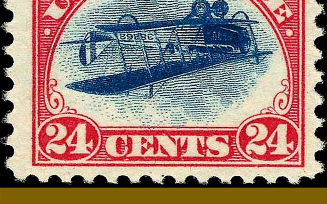 Red 24‑cent postage stamp featuring a blue biplane over water inside a decorative red frame