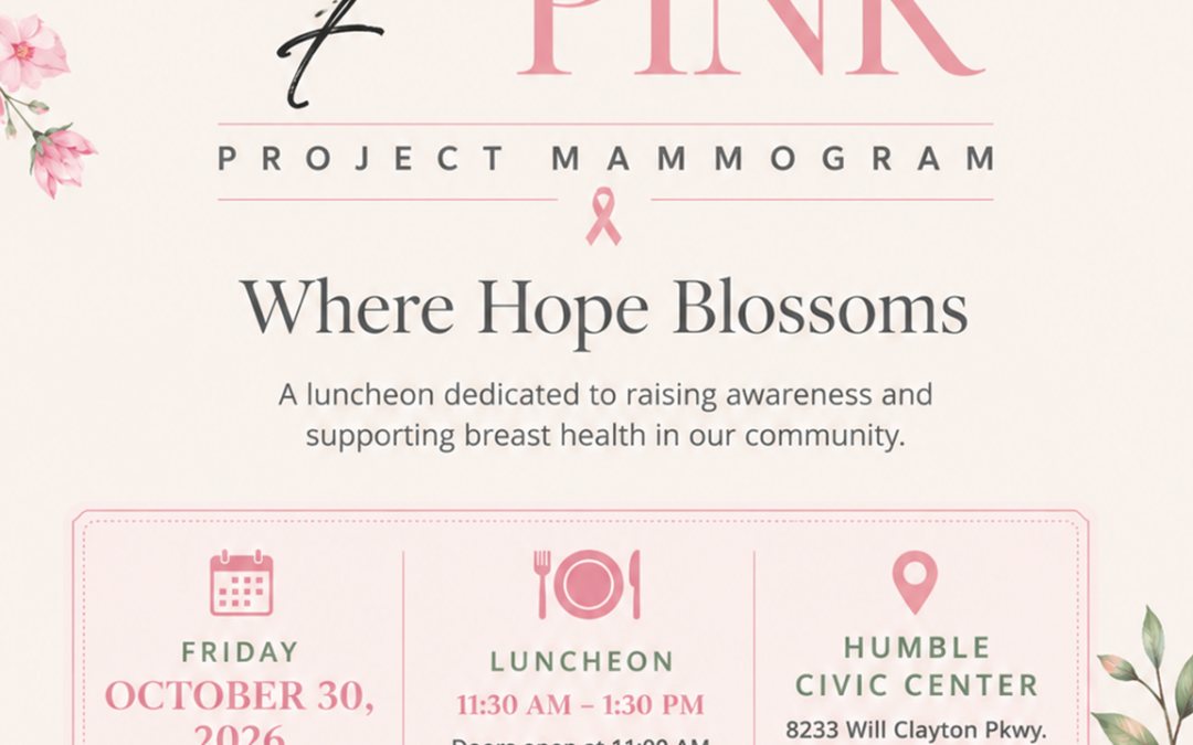 Event poster for a breast cancer awareness luncheon titled 'Bloom in the Pink' with pink flowers and soft beige background.