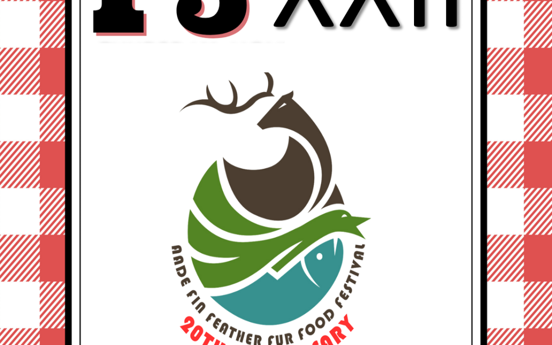 Poster for Fin Feather Fur Food Festival with a red ribbon reading 'ADE National' and large 'F5 XXII'; features a stylized deer and fish logo for the 20th anniversary, sponsor Patterson-UTI; Humble Civic Center Arena, Humble, TX, 3:30–10:30 PM; website www.aade.org