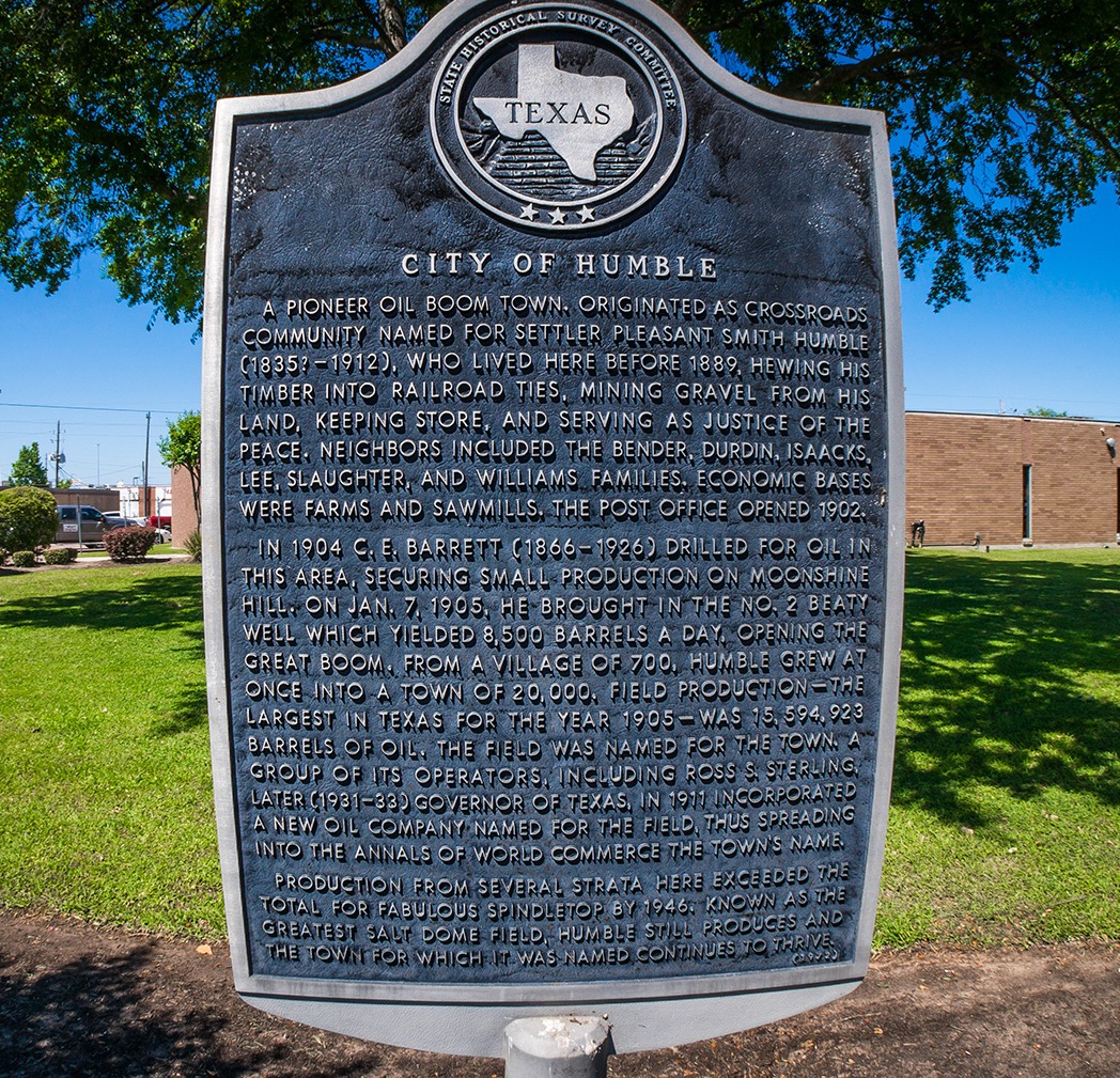 Texas State Historical Survey Committee marker for City of Humble, detailing its oil boom history in a park setting.