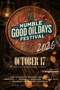 humble good old days festival with rustic barrel motif and 2026 date october 17 in historic downtown humble