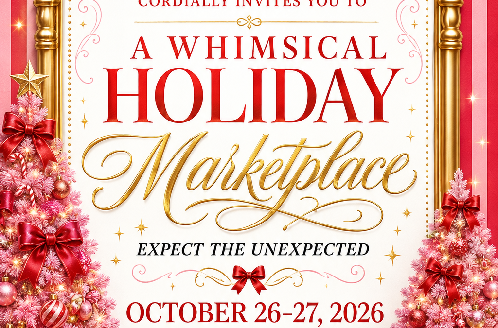 Event poster for A Whimsical Holiday Marketplace by Kingwood Women’s Club, with gold ornate frame, red ribbons, and gift boxes.