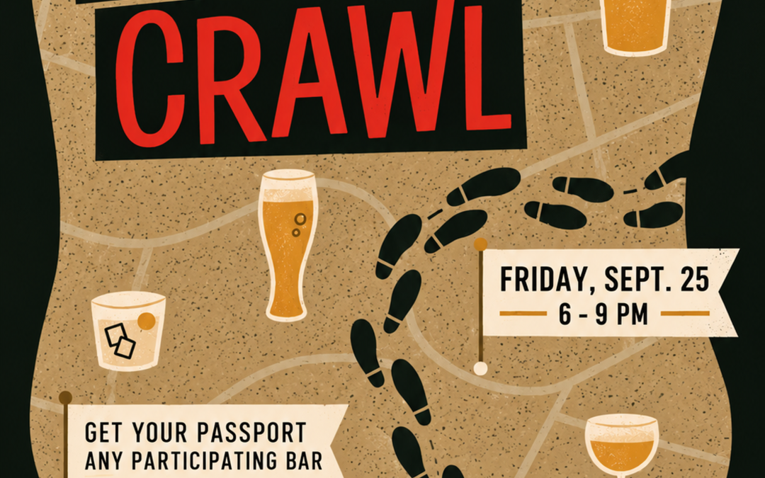 Poster advertising a Main Street Pub Crawl event in Historic Downtown Humble with date, time, and participating bars; includes passport card offer and map motif.