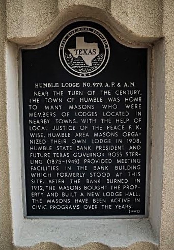 Texas historical marker plaque for Humble Lodge No. 979 A.F. & A.M., detailing the lodge's founding, civic work, and activities since 1900.